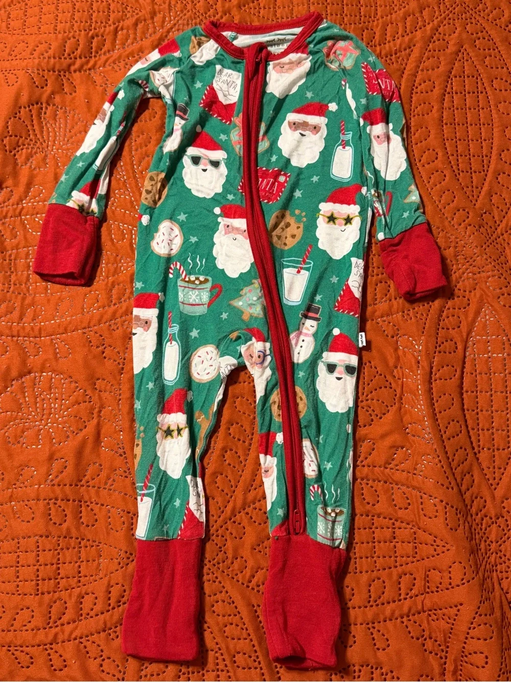 3-6M Little Sleepies Green & Red Santa Print Footed Pajamas